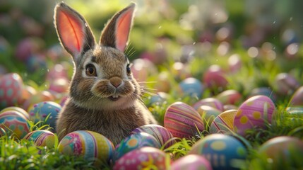 Wall Mural - Easter Bunny in a field of vibrant, colorful eggs, symbolizing Easter joy and celebration, happy and bright atmosphere AI Generative