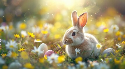 Wall Mural - Joyful Easter Bunny with a plethora of colorful eggs, festive Easter ambiance, AI Generative
