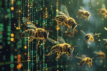 Poster - A group of bees are flying in front of a matrix background