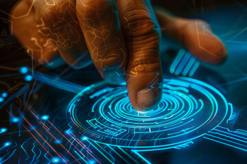 Poster - A person 's finger is pointing at a futuristic screen