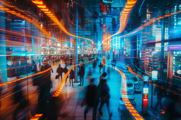 Poster - A blurry picture of people walking in front of a store