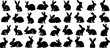 Black bunny silhouette collection, various bunny poses isolated on white background. Ideal for Easter, pet themes, creative designs, minimalist rabbit vector, modern elegance