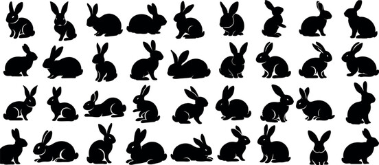 Wall Mural - Black bunny silhouette collection, various bunny poses isolated on white background. Ideal for Easter, pet themes, creative designs, minimalist rabbit vector, modern elegance