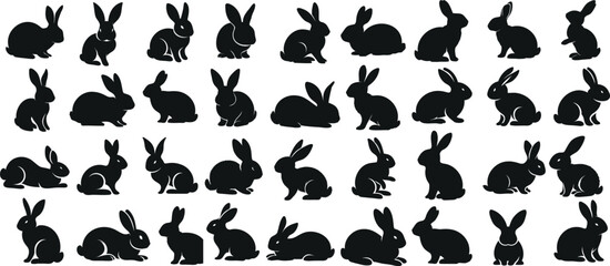 Rabbit silhouettes, various poses of rabbit, bunnt vector illustration, hare on white background, ideal rabbit, bunny for logo design, Easter themes, decorations