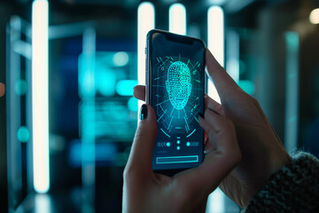 Poster - A person is holding a cell phone with a fingerprint on the screen