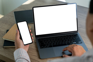 Poster - young man working businessman using a desktop computer of the blank screen