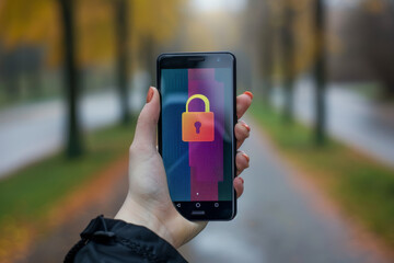 Poster - A person holding a cell phone with a padlock on the screen