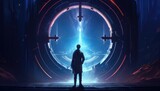 Fototapeta Perspektywa 3d - sci-fi concept showing a man standing at the futuristic portal