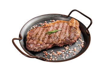 Wall Mural - Barbecue Grilled striploin or New York  beef meat steak with pink salt and herbs.  Isolated, Transparent background.