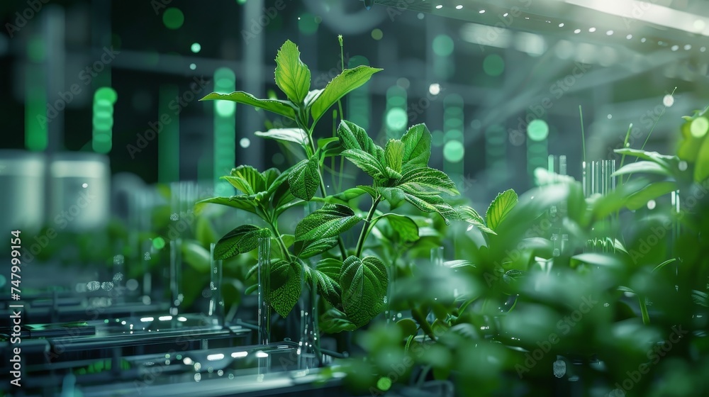 Lush plants flourishing in a controlled hydroponic system within a ...