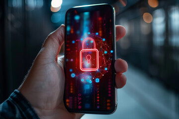 Poster - A person is holding a cell phone with a padlock on the screen