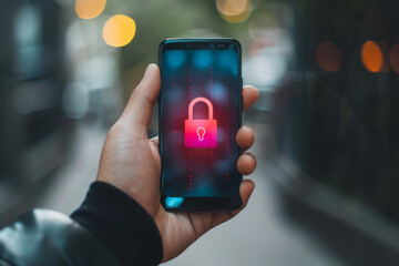 Poster - A person is holding a cell phone with a padlock on the screen