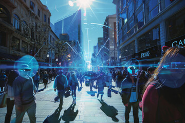 Poster - A crowd of people walking down a street with a freak store in the background