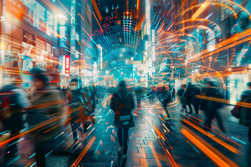 Aufkleber - A blurry picture of people walking down a street with a sign