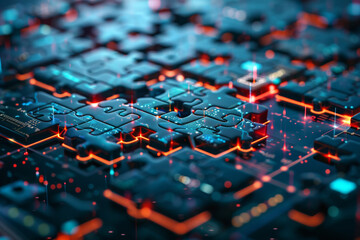 Poster - A close up of a circuit board with a puzzle piece in the middle