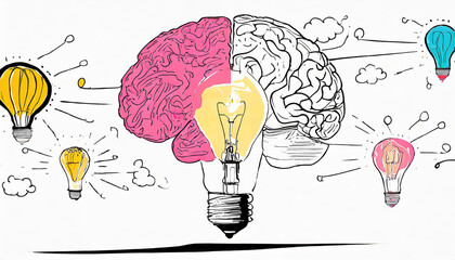 Left right human brain concept, textured illustration. Creative left and right part of human brain, emotial and logic parts concept with social and business doodle illustration of left side, and art