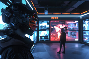 Poster - A woman wearing a futuristic helmet stands in front of a screen