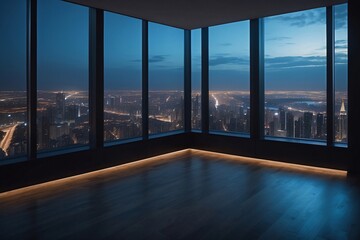 Empty room in a skyscraper with a view of the night city. Expensive property with a beautiful view.