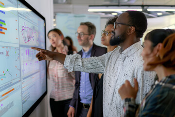 a group of people are looking at a large screen with a number