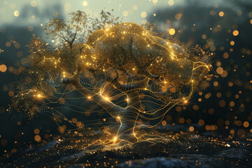 Poster - A tree made of dots and lines with a dark background