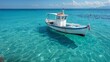 Greek island. Wooden fishing boat moored in Aegean sea, blue sky background. 