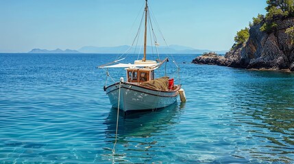 Wall Mural - Greek island. Wooden fishing boat moored in Aegean sea, blue sky background. 