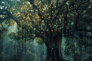 Poster - A tree with a lot of lights hanging from it