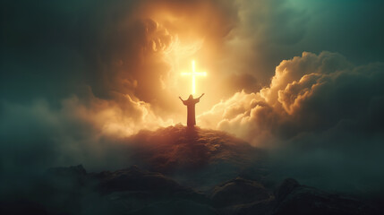 Wall Mural - Silhouette of person praying to GOD in front of majestic clouds with glowing cross