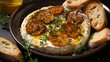 Baked camembert with toasts honey and thyme Top view