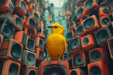 Fototapeta Góry - Yellow canary bird sitting between  loud speakers