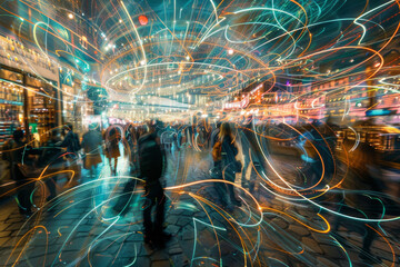 Aufkleber - A blurry picture of a crowd of people walking down a street