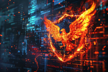 Poster - A digital orange eagle in fire representing security