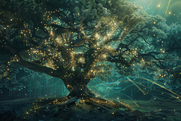 Wall Mural - A tree with a lot of lights coming out of it