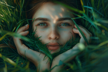 Close-up Portrait of Young Woman making sign Heart by fingers, Peering Through Green Grass Blades with Vivid Blue Eyes and Natural Freckle