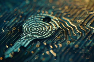 Fototapete - A key with a spiral design on it sits on a circuit board