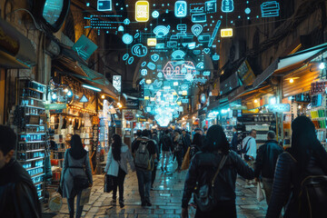 Wall Mural - A crowd of people walking down a street with a sign