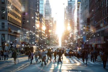 Poster - a busy city street with a sign that says one way
