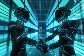 Aufkleber - Two futuristic robots shaking hands in a hallway