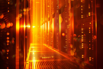 Poster - A row of servers in a data center are lit up in orange