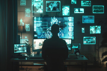 Poster - A man sits at a desk in front of a screen