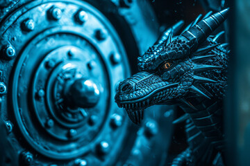 Fototapete - A statue of a dragon with a blue background