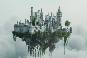  Mystical floating castle in misty setting - Dreamlike fantasy castle floating on an island amidst mist, evoking a sense of adventure and magic