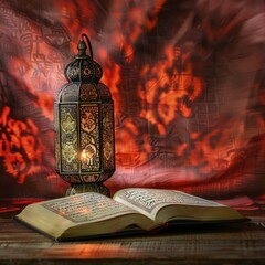 Wall Mural - traditional lantern with a Islamic religious Quran book. lantern light shadow reflect on religious  book Quran. lots of  copy space