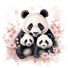 Wall Mural - Illustration of a family of cute pandas on a white background