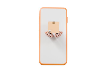 Poster - 3d Courier delivers a parcel handholding phone delivery transportation logistics concept isolated on orange background.r Online Shop with delivery concept. Minimal Cartoon icon design. 3d rendering