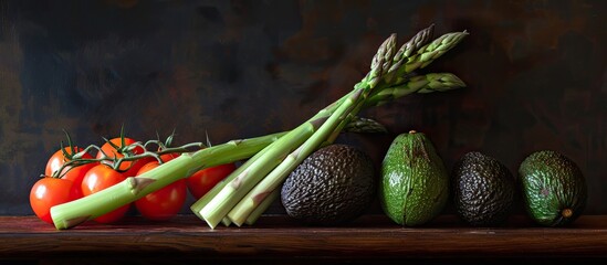 Wall Mural - A group of fresh vegetables including asparagus, avocado, and tomato are arranged neatly on a wooden table. The colorful produce contrasts with the dark background, creating a visually appealing