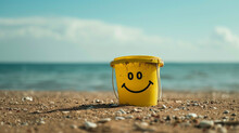 Yellow Kids Bucket With Smiley Face On Sandy Beach,happy Summer Holidays Concept