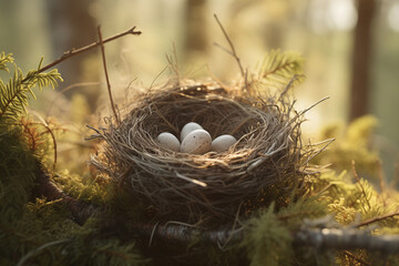 A bird's nest with eggs in the woods. The concept of subsistence farming, care for wildlife, wild life of animals in their natural habitat.