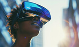 Fototapeta Sport - Attractive black woman wearing virtual reality glasses outdoor