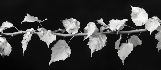 Sticker - A black and white image capturing fresh autumn leaves still clinging to a branch, showcasing the beauty of natures seasonal change.